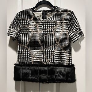 Katharine Kidd Tweed And Faux Fur Black Crop Top